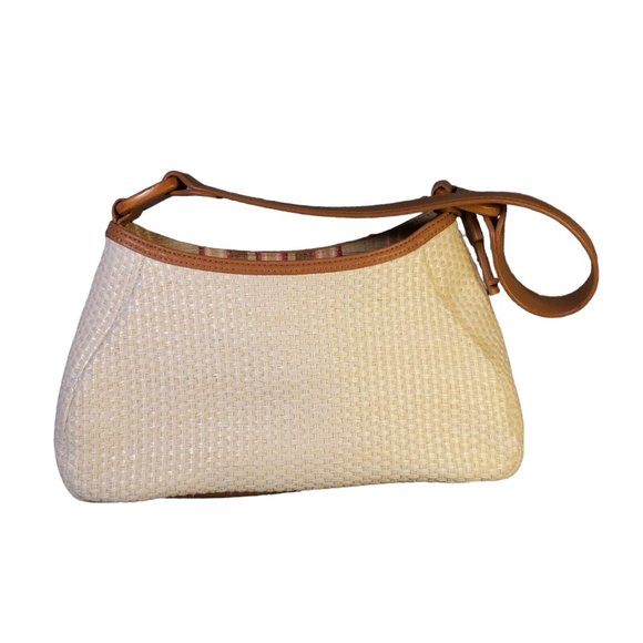 Fossil Woven Straw Baguette Bag Purse Tan Leather Wooden-Key Boho Coastal - Picture 4 of 9